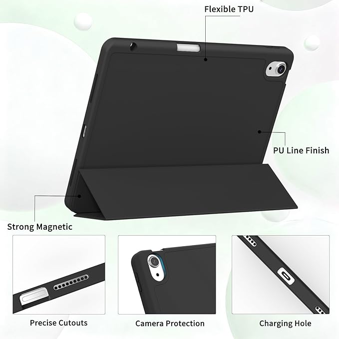 Case for iPad Air 11-Inch M4/M3/M2 2026/2025/2024, iPad Air 5/4 (2022/2020 5th/4th Generation 10.9-Inch) with Pencil Holder, Slim Stand Soft Back Support Touch ID, Auto Wake/Sleep, Black