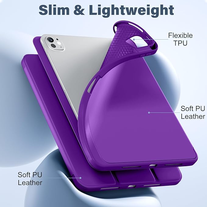Akkerds for iPad Pro 11 Inch Case (M5/M4) 2025/2024 6th/5th Generation with Pencil Holder, for iPad Pro Case 11 Inch with Trifold Stand Protective Cover/Soft TPU Back, Auto Wake/Sleep, Purple