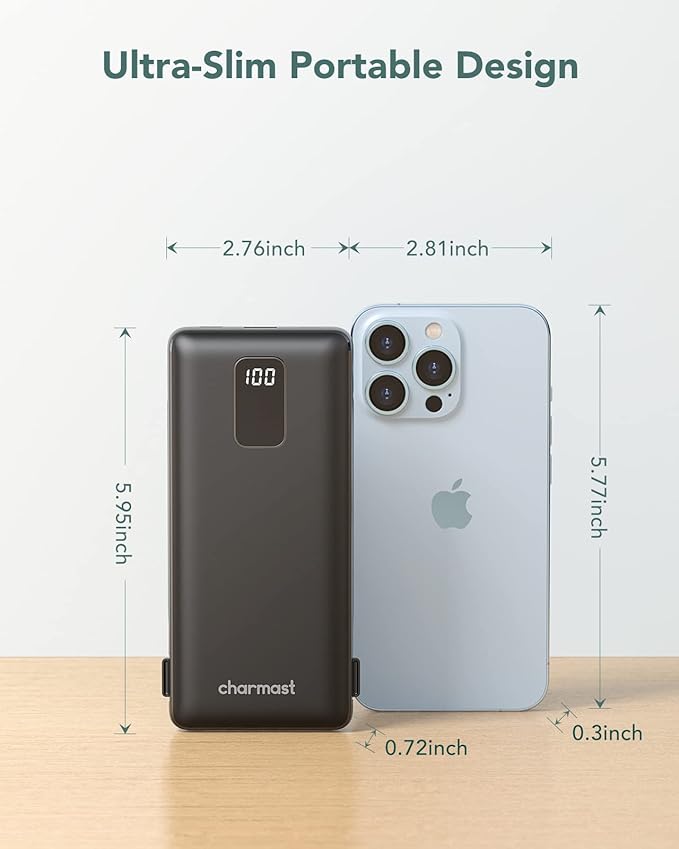 charmast Portable Charger with Built-in Cables and Wall Plug, 10000mAh USB C Portable Power Bank, Potable Phone Charger, Travel Essentials Compatible with iPhones, Samsung Galaxy, iPad