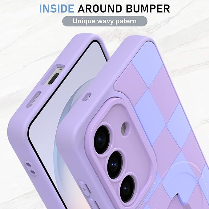 KANGHAR Compatible with Samsung Galaxy S26 Case, Support for MagSafe, Silicone Checkered Cute Pattern, Wristband Kickstand Camera Protection Soft Slim Cover for Girls Women -Purple