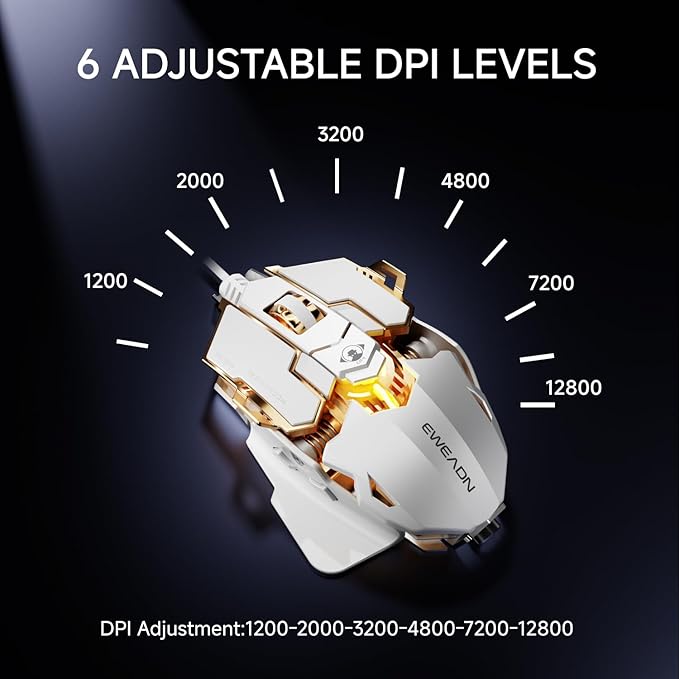 SEUNKWANG EWEADN G5 Wired Gaming Mouse, Ergonomic RGB Computer Mouse, 12800 Adjustable DPI, 9 Programmable Macro Buttons with Rapid Fire Key Compatible for PC/Laptop/Windows-White