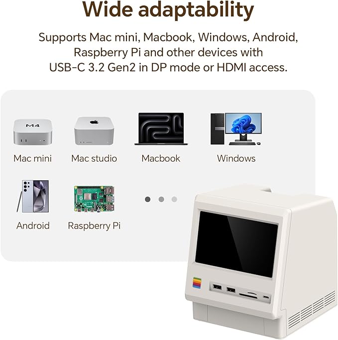 M5 Retro Dock Station for Mac mini M4, 5’inch HD Display, 10Gbps M.2 NVMe SSD Enclosure, SD/Micro SD Reader 4.0, 4*USB-A 1*USB-C 10Gbps, 3.5mm Earphone Jack,