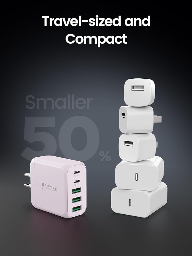 EIZLXQ USB C Charger Block, [2-Pack] Type C Charger Fast Charging,50W 5-Port USB Wall Charger Multiport Type C Charging Block Cube for iPhone 17/16/15/14/13/12/11 Pro Max XS,iPad,Samsung&More-Pink