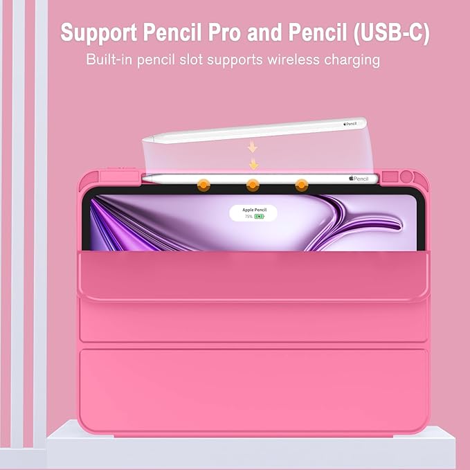 ZryXal New iPad Air 13 Inch Case M3 2025/M2 2024 with Pencil Holder, Trifold Stand Smart Case with Soft TPU Back,Auto Wake/Sleep(Peach Red)