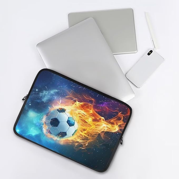 Water Flame Football Computer Sleeve for Men 10 InchLaptop Sleeve Neoprene Laptop Covers with Padded Compartment Lap Top Case Soccer Computer Carrying Bag
