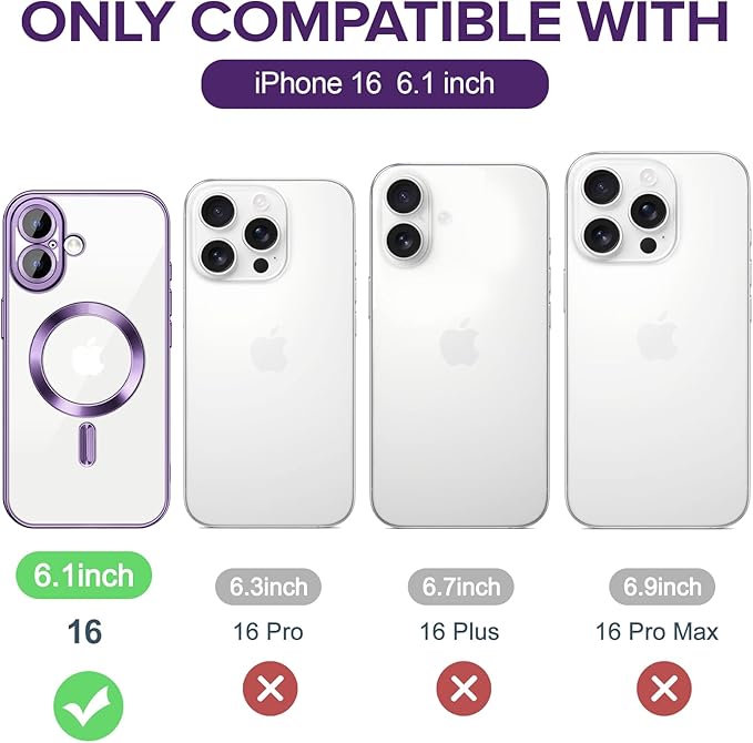 Hython Magnetic Clear for iPhone 16 Case with Camera Lens Protector [Compatible with MagSafe] Luxury Plating Edge Slim Soft TPU Cover Protective Phone Case for iPhone 16 6.1", Deep Purple