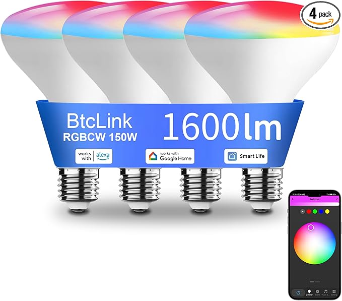 Smart Light Bulbs, 1600 Lumens Dimmable BR30 Bulbs, RGBWW Color Light Bulb, Flood Light Bulbs Compatible with Alexa, Google Assistant, WiFi & Bluetooth LED Bulbs, Music Sync,16W 4 Pack