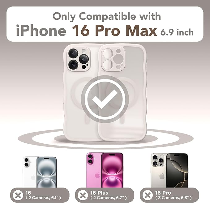 CAPRARO for iPhone 16 Pro Max Case for Women Girls, Upgraded [Full Camera Protection] [Compatible with MagSafe] Cute Wave Translucent Matte Phone Case for iPhone 16 Pro Max, Stone