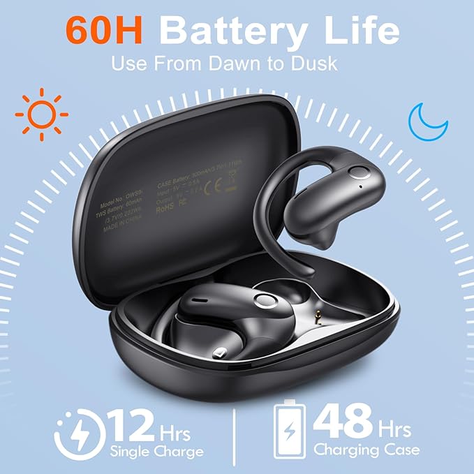 kurdene Wireless Earbuds 5.4 Bluetooth Headphones, Open Ear Buds with Deep Bass Sound, 60Hrs Playtime Earphones Secure Fit for Earhooks for Running, Meeting, Workout-Black