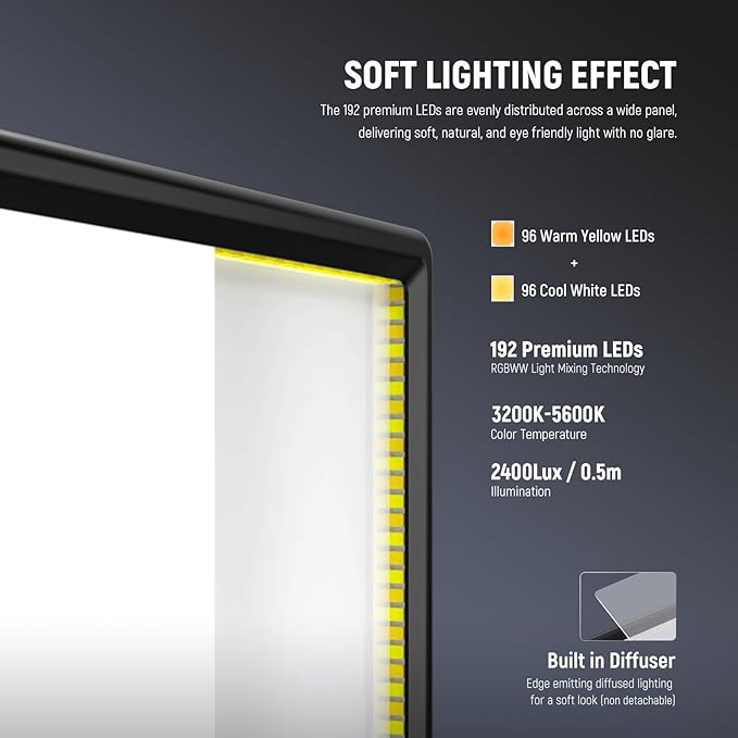 NEEWER Basics 13" LED Video Light Panel, 20W Ultra Thin Bi Color Dimmable DSLR Camera Soft Photo Key Lighting for Streaming Studio Photography Podcast Recording, 8000mAh/3200-5600K/CRI97+, NL-192B