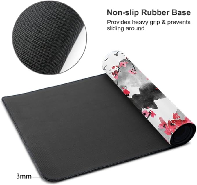 Japanese Cherry Blossom Mouse Pad 35.4 X 15.7 Inch XXL Full Desk Pink Watercolor Art Cool Design Gaming Mousepad Extended Large Non-Slip Rubber Base Keyboard Mat with Stitched Edges