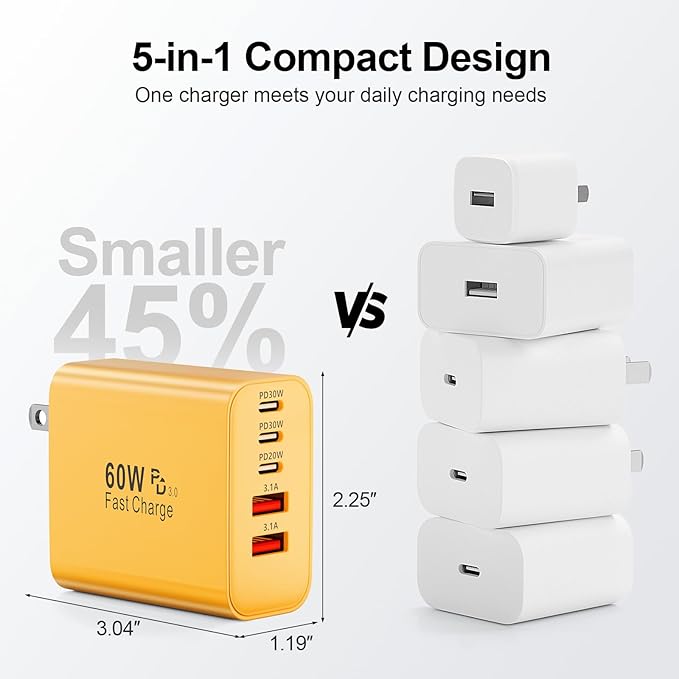 USB C Charger Block, 60W 5-Port Type C Charger Fast Charging Block, USBC USB Multiple Port Wall Charger Plug Adapter for iPhone 17/Air/16/15/14/13/12/11 Pro Max, Samsung Galaxy, iPad, Tablet (Yellow)