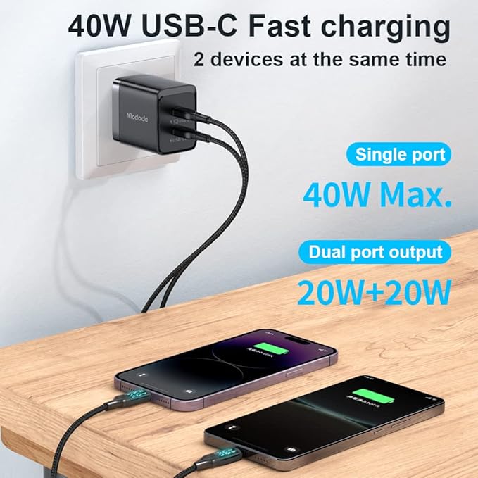 mcdodo 40W Dual USB C Charger Block Foldable USB-C Fast Charging Wall Charger Power Adapter for iPhone 16 15 Pro ProMax Plus,Galaxy,MacBook,iPad and More