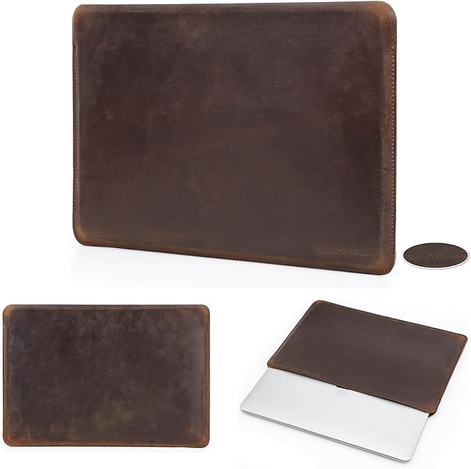 Top Grain Leather 13.3" Slim Laptop Sleeve Protector, Solid Minimalist Vintage Design, Handmade, Compatible with MacBook Pro 13.3" MacBook Air 2022 DELL XPS 13" & Other PC, Coffee 13.3 Inch