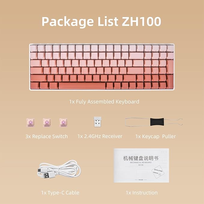ZORNHER ZH100 Wireless Mechanical Keyboard,98% Pink Creamy Keyboard with Number Pad,Full Size Rose Gold Gaming Keyboard,Lighted Up PBT Dipped Keycaps,Creamy Sounding Linear Switches