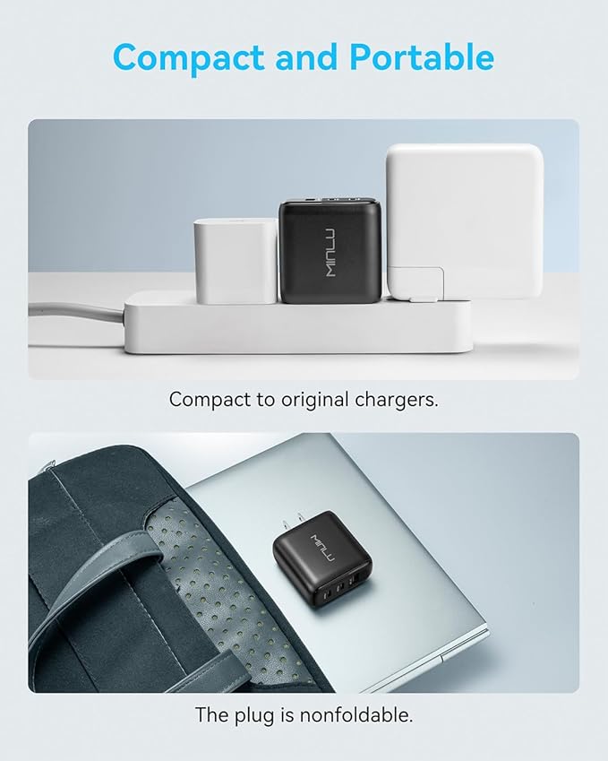 MINLU 65W USB C Charger Block,GaN 3-Port Compact Fast PPS Type C Wall Charger with 6Ft 100W 2 in 1 USB-C/L Cable,Fast Charging for MacBook Pro/Air,iPad,iPhone 17/16/15 and More Series,Galaxy S24 UItra