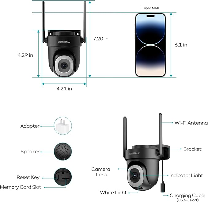 ZUMIMALL 2K Wired Outdoor Camera, 2.4G/5G WiFi Security Camera, 3MP, 24/7 Recording, AI Motion Detection, Cloud & SD Card Storage, 2-Way Audio, 360° PTZ Auto Tracking, Work with Alexa, IP66 (Black)
