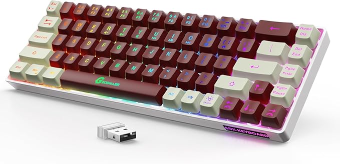 GEODMAER 65% Wireless Gaming Keyboard, LED Backlit Gaming Keyboard, 68 Keys Ultra-Compact Anti-ghosting No-Conflict Wireless Keyboard for PC Laptop Windows Gamer(Red-White)