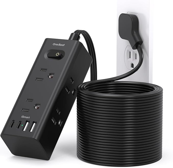 25Ft Extension Cord with Multiple Outlets, Flat Plug Power Strip Surge Protector with 20 Ft Long Cord, 6 Outlet 4 USB Ports (2 USB C), Multi Outlet Wall Plug for College, Dorm Room Essentials(Black)