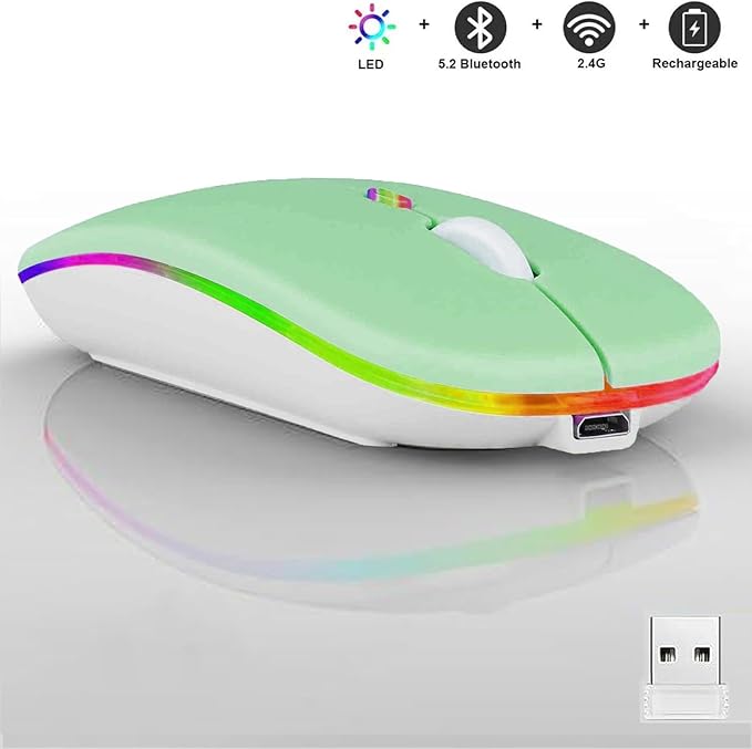 Guiheng Wireless Bluetooth Mouse,LED Dual Mode Rechargeable Silent Slim Laptop Mouse,Portable(BT5.2+USB Receiver) Dual Mode Computer Mice,for Laptop,Desktop Computer,ipad Tablet,Phone,TV (Green)