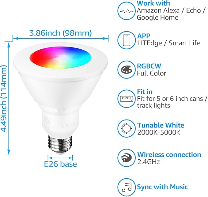 TORCHSTAR PAR30 WiFi Smart Spotlight Bulbs, RGB LED Color Changing Light, 10W, Google Assistant Amazon Alexa Compatible, 60W Equivalent, 2000K-5000K Tunable White CCT, E26 Base, No Hub Required