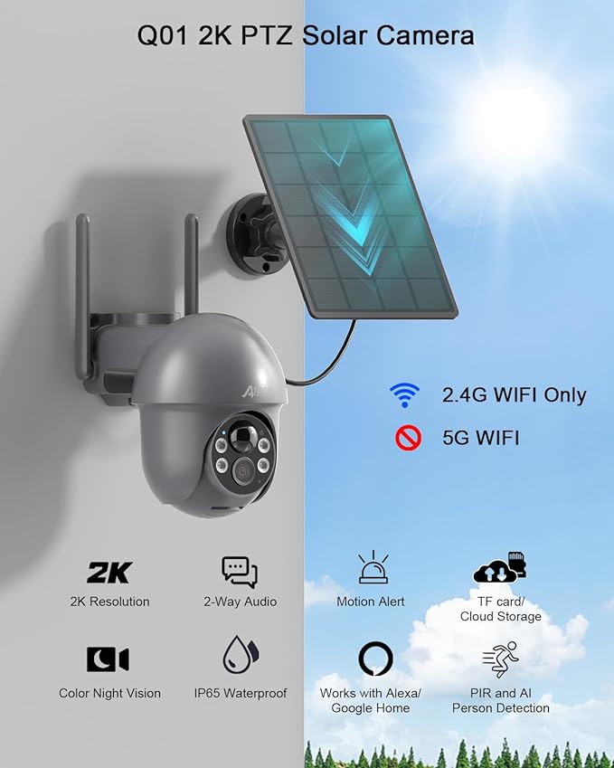 ANRAN Security Camera Wireless Outdoor with 360° View, 2K Solar Outdoor Camera with Smart Siren, Spotlights, Color Night Vision, PIR Human Detection, Pan Tilt Control, 2-Way Talk, IP65, Q1 Grey