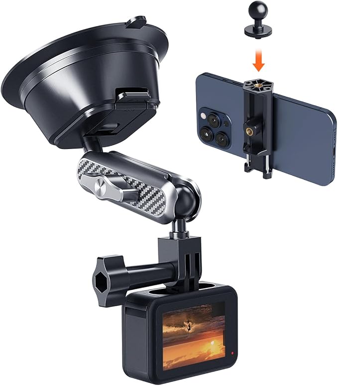 A2C Suction Cup Mount for Gopro iPhone, Anti-Shake Metal Arm Car Camera Mount with 1/4 Thread & Phone Holder, Car Boat Windshield Window VLOG/Video Holder for Gopro Hero Insta360 DJI Action Camera
