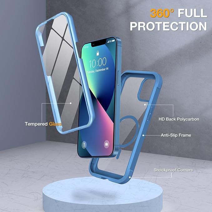 Miracase for iPhone 13 Case 6.1'', [Bubble Free] Full-Body Bumper Phone case with Built-in Full Glass Screen,No Gap,Compatible with MagSafe,Blue