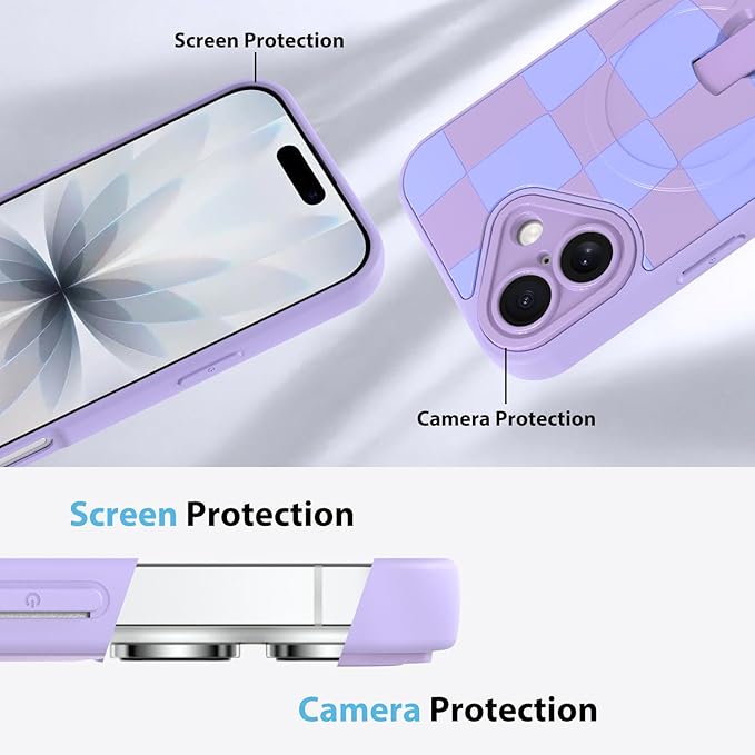 KANGHAR Compatible with iPhone 17 Case, Support for MagSafe, Silicone Checkered Cute Pattern, Wristband Kickstand Camera Protection Soft Slim Cover for Girls Women -Purple
