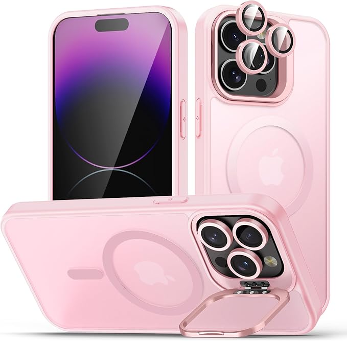 TOBOVON for iPhone 14 Pro Case, Compatible with MagSafe, Built-in Camera Ring Stand, with Individual Camera Cover, Translucent Matte Military-Grade Drop Protection Magnetic Case, Pink