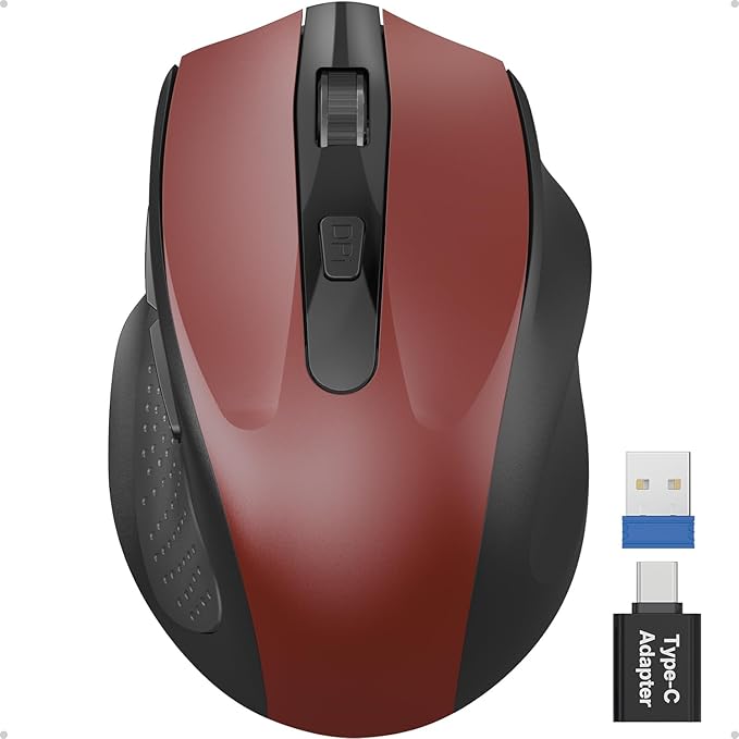 SABLUTE Wireless Mouse for Laptop, Red Computer Mouse with USB-A&USB-C Receiver, Office Cordless Mice with 6 Buttons & 3 Level DPI for Small to Medium Hands, Works with PC, Desktop & Tablet M21