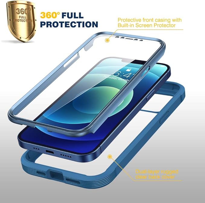 Diaclara Designed for iPhone 12 Mini Case, Full Body Rugged with Built-in Touch Sensitive Anti-Scratch Screen Protector, Soft TPU Bumper Case for iPhone 12 Mini 5.4" (Blue and Clear)