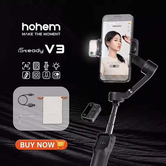 Hohem iSteady V3 Gimbal Stabilizer, Magnetic AI Tracking, Removable Remote, 3-Axis Smartphone Gimbal with Built-in Telescopic Rod and Tripod, Perfect for Content Creators(Black)