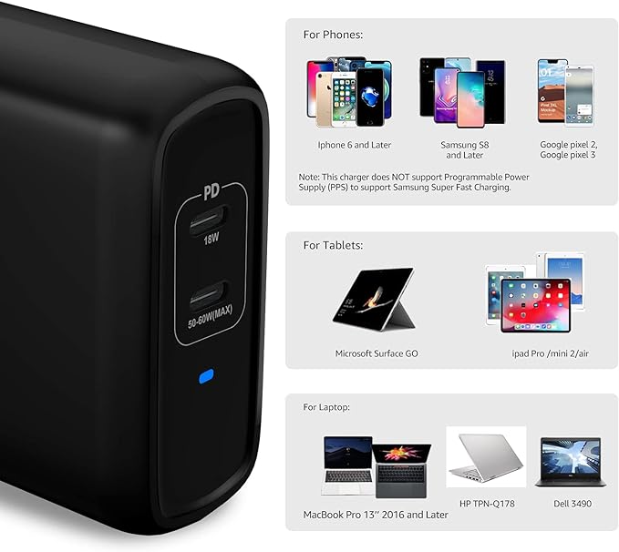 Amazon Basics 68W Two-Port GaN Wall Charger with 2 USB-C Ports (60W, 18W) with PD for Laptops, Tablets & Phones (iPhone 16/15/14/13/12/11/X, iPad, MacPro, Samsung, More), Non-PPS, Black