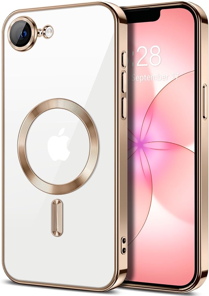 Hython Magnetic Clear for iPhone 17e Case with Camera Lens Protector [Compatible with MagSafe] Luxury Plating Edge Slim Soft TPU Cover Protective Phone Case for iPhone 17e 6.1", Desert Brown