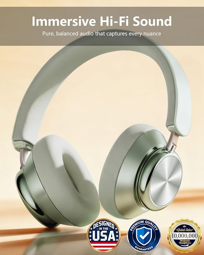 Wentronic Y03 Bluetooth Headphones Wireless Active Noise Cancelling Over Ear Headphones 48 Hours Playtime High Sound Quality 6 EQ Music Mode Headphones with Soft Ear Cushion - Green