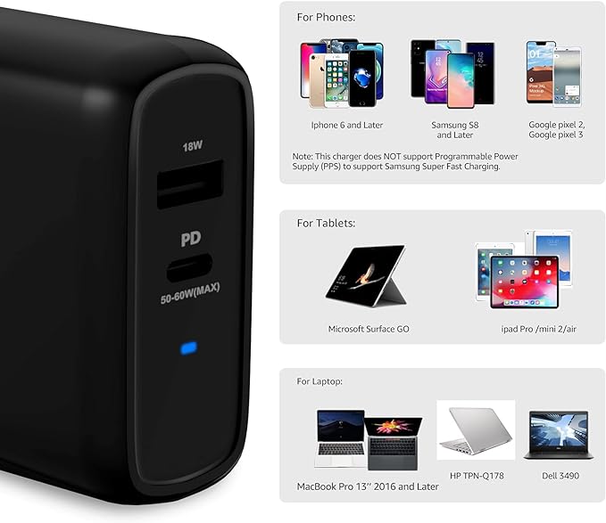 Amazon Basics 68W Two-Port GaN Wall Charger with 1 USB-C (60W) & 1 USB-A Ports (18W) with PD for Laptops, Tablets & Phones (iPhone 16/15/14/13/12/11/X, iPad, MacPro, Samsung, More), Non-PPS, Black