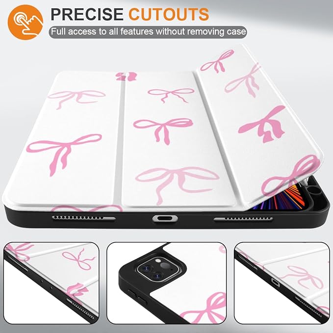 DONGKE Case for iPad Pro 12.9 inch 6th Generation 2022, Built-in Pencil Holder + Trifold Stand + Auto Wake/Sleep + Protective Cover for iPad Pro 12.9 5th/4th/3rd Gen - Pink Bows