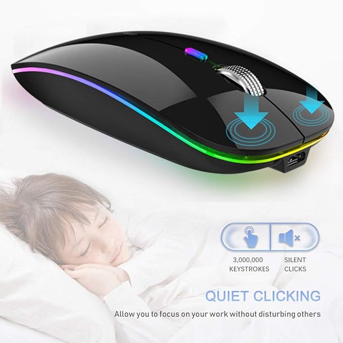 TENMOS Wireless Bluetooth Mouse, LED Slim (Bluetooth 5.1 + USB) 2.4GHz Rechargeable Silent Bluetooth Wireless Mouse with Type C Adapter for Laptop/MacBook/iPad OS 13 and Above (Black)