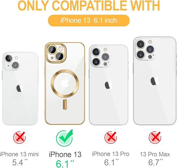 Hython Magnetic Clear for iPhone 13 Case with Camera Lens Protector [Compatible with MagSafe] Luxury Plating Edge Slim Soft TPU Cover Protective Phone Case for iPhone 13 6.1", Gold