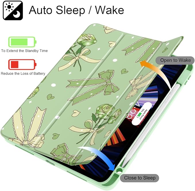 Tuiklol for iPad Pro 11 Inch 4th / 3rd / 2nd / 1st Gen (2022 2021 2020 2018) Case -Built-in Pencil Holder Shockproof Cover Clear Transparent Back Shell with Auto Wake/Sleep, Bow & Rose Green
