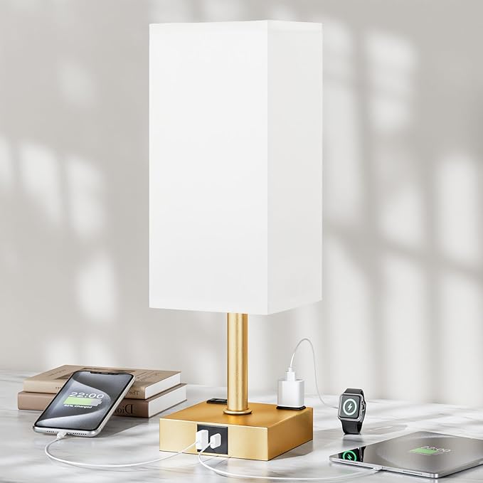 aooshine Gold White Touch Table Lamp - Bedside Lamp with USB A + Type C Charging Ports and Two AC Outlets, Small Night Stand with E26 LED Bulb, Desk Light for Bedroom Living Room Office Dorm