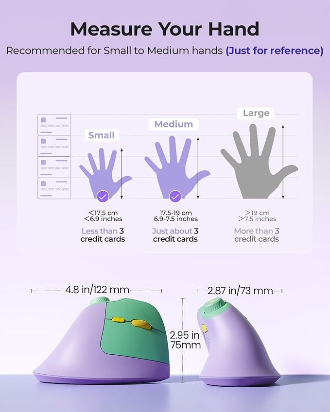 seenda Ergonomic Mouse Wireless, MOU-302 Bluetooth Vertical Mouse Rechargeable, Volume Knob, Silent Mice & 1000/1600/2400 DPI, 3 Multi-Device Connection for Windows/PC/Laptop/Mac/MacBook, Purple