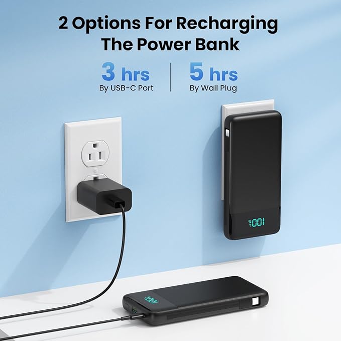 Portable Charger for iPhone,13800mAh Slim Power Bank with Built-in Cables & AC Wall Plug,All in One 4 Outputs USB C Fast Charging Battery Pack Powerbank for iPhone 17/16/15/14,Android,Travel Essential