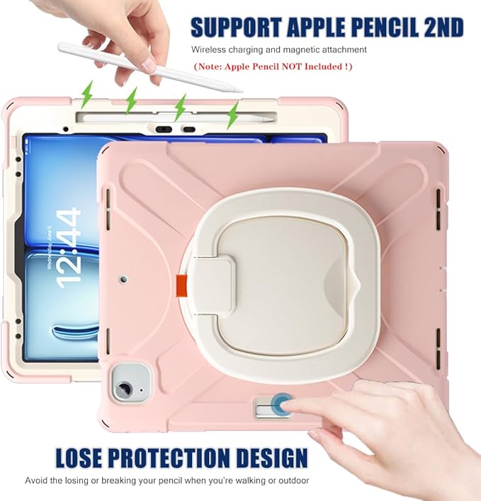 SCSVPN Case for iPad Air 13 inch M4/ M3/ M2 (2026/2025/2024) & iPad Pro 12.9 Case 6th/5th/4th/3rd Gen 2022 2021 2020 2018, Protective Cover w/Pencil Holder, Rotate Stand/Handle, Shoulder Strap, Pink
