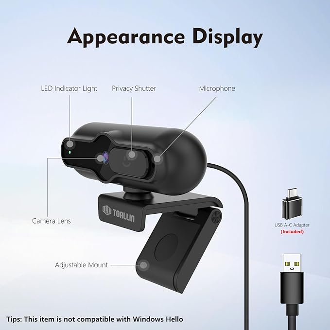 TOALLIN 4K Webcam for PC, Built-in Mic, 1080P@60FPS, PDAF Autofocus, 1/2.5" Sensor & 12MP, Sliding Privacy Cover, USB Web Camera for Streaming, Gaming, Conferencing and Video Calls