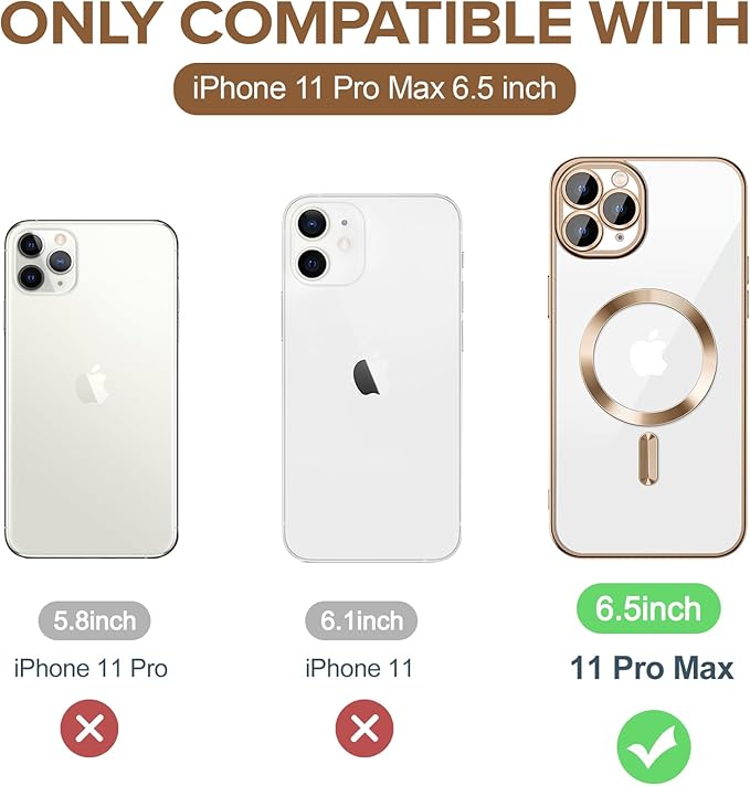 Hython Magnetic Clear for iPhone 11 Pro Max Case with Camera Lens Protector [Compatible with MagSafe] Plating Edge Slim Soft TPU Cover Protective Phone Case for iPhone 11 Pro Max 6.5", Desert Brown