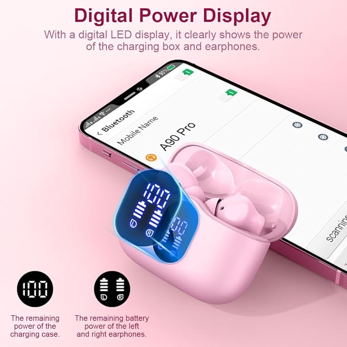 Btootos Wireless Earbuds Bluetooth 5.4 Headphones Bass Stereo Ear Buds with Noise Cancelling Mic LED Display in Ear Earphones IP7 Waterproof 36H Playtime for Laptop Pad Phones Sports Workout Pink