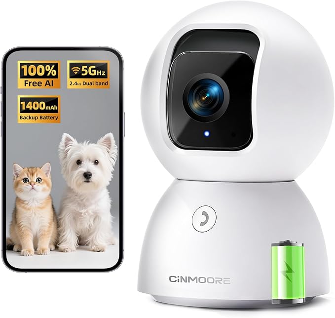 3K 5G Wi-Fi Security Camera Indoor, Backup Battery for Power Outage Protection, Free AI Tracking Facial ID, 5MP Pet/Dog Camera w/ Speaker & Phone App, PTZ Baby Monitor, 0-Glow Night Vision, 2-Way Talk