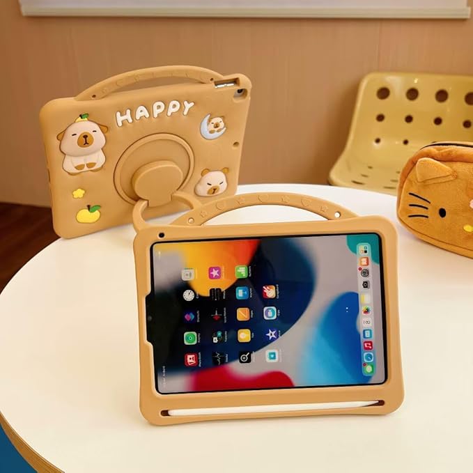 3D Kawaii Cute Press Capybara Case for iPad mini 1st 2nd 3rd 4th 5th Gen 7.9 inch,Cartoon Character Capybara Soft Silicone Rotating Stand Case with Lanyard for Kids Teens Girls Women